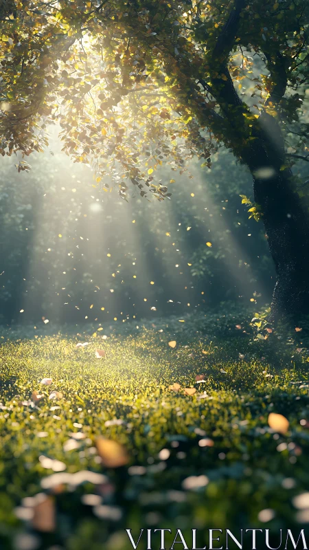 Sunlit forest clearing with drifting autumn leaves glow.