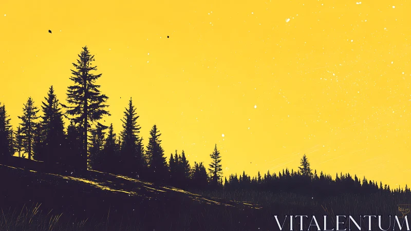 Silhouetted conifer forest under flat yellow sky plane.