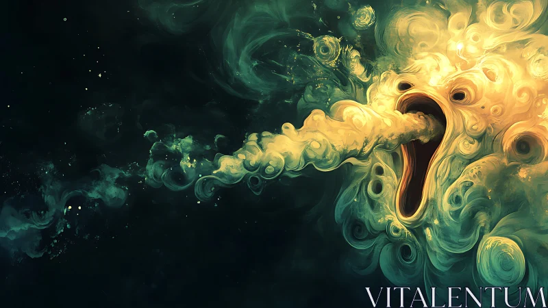 Spectral vortex face exhaling luminous swirling nebula cloud.