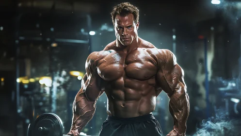 Hyperdefined bodybuilder poses under dramatic gym backlighting