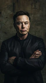 High-contrast leather-clad portrait against textured wall.