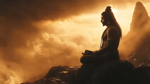 Silhouetted seated figure is positioned against backlit clouds