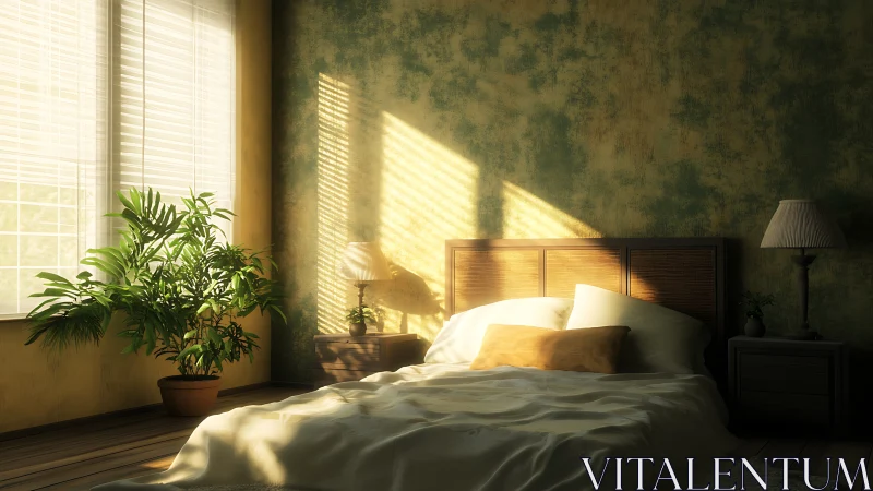 Sunlit bedroom with houseplant and textured wall decor.