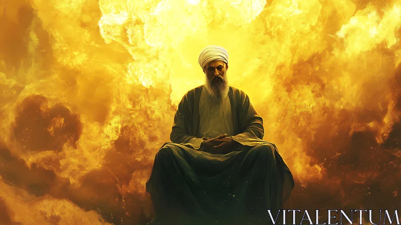 Elderly robed mystic seated against incandescent cloud vortex