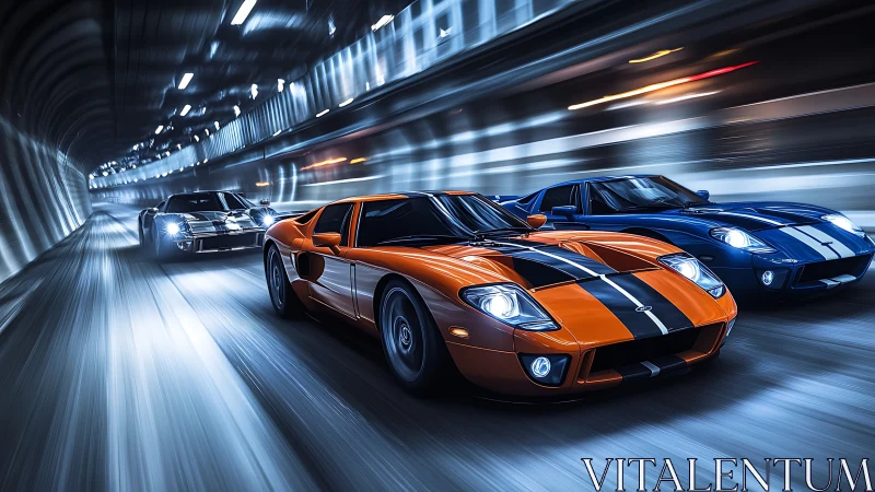 Three striped sports cars race through an illuminated tunnel