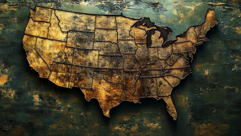 Gilded weathered USA map glowing over teal patina wall.