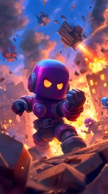 Armored cartoon figure advances through explosive urban chaos