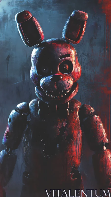 Distressed robot rabbit stands in harsh red blue lighting