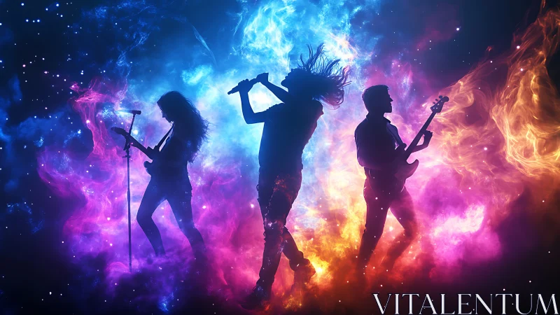 Spectral rock trio silhouetted in chromatic nebular plumes.