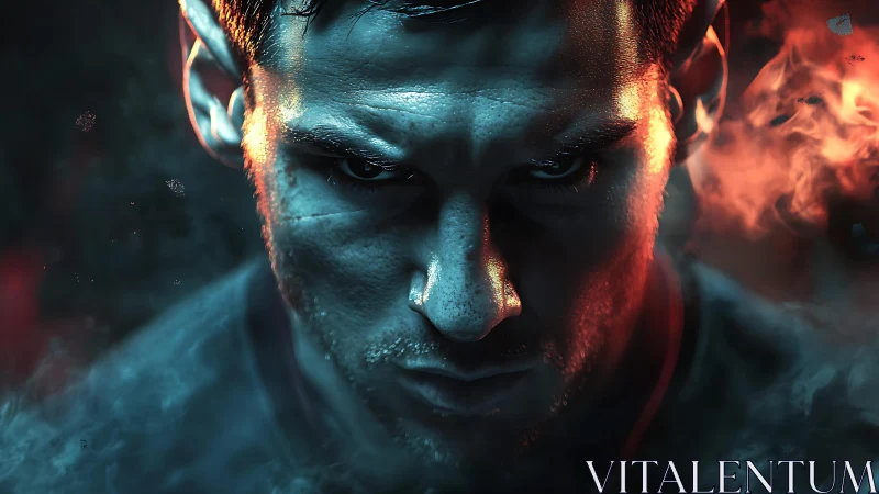 Intense male portrait with dramatic blue and red lighting.