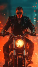 Motorcycle rider moves forward through illuminated particles