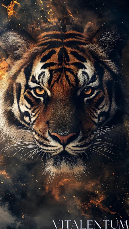 Fierce tiger face emerges from swirling smoke and embers