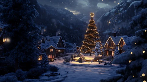 Snow covered village square contains illuminated Christmas tree