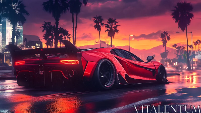 Red supercar glowing against a dreamy neon sunset boulevard.
