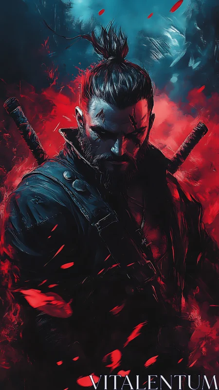 Battle-hardened warrior with swords in red and blue light.