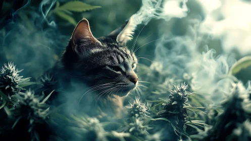 Tabby Cat Surrounded by Ethereal Smoke and Thistle Plants