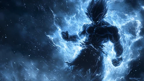 Cosmic warrior silhouette in blue energy storm glow.