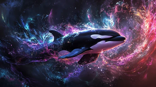 Orca rendered within multicolored cosmic fluid vortex field.