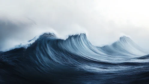 Roaring ocean swells rise beneath a pale misty sky.