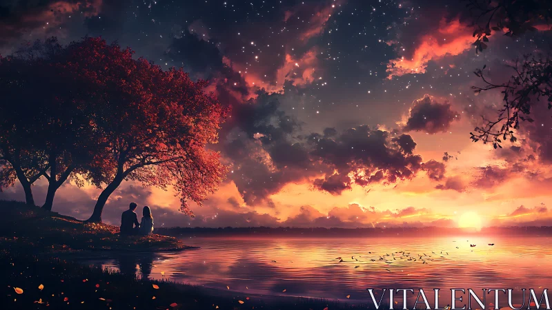 Romantic lakeside sunset in luminous digital painting style.