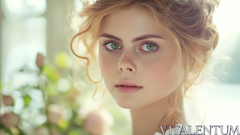 Soft-lit bridal portrait with dreamy green-eyed focus.