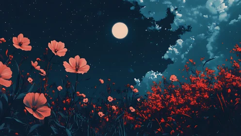 Nocturnal Meadow: Luminous Cosmos and Coral Flowers Under Full Moon