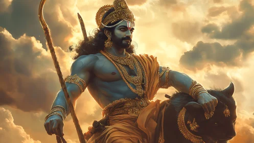 Divine blue warrior riding black lion under golden sky.