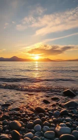 Sunlit pebbled shoreline glows beneath a tranquil sunset.