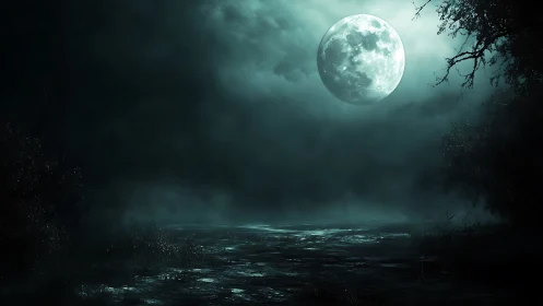 Full moon illuminates a misty river under eerie teal skies