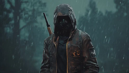 Mysterious hooded wanderer standing calm in the rainstorm.