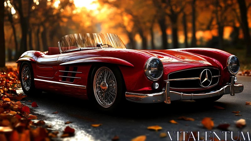 Gleaming red classic roadster glowing in autumn light.