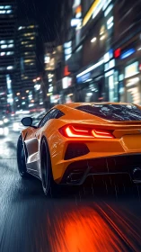 Orange supercar speeds through wet neon city street at night