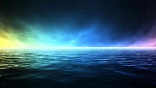 Calm horizon over water with gradient multicolor sky.