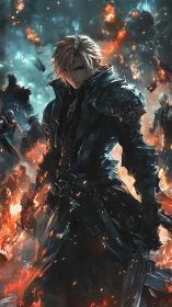 Dark knight in infernal battlefield, dynamic anime rendering.