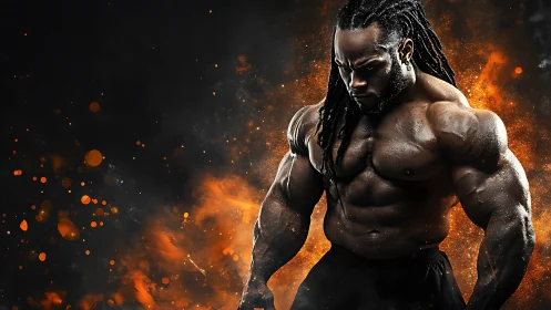 Powerful bodybuilder framed by glowing fire and grit.