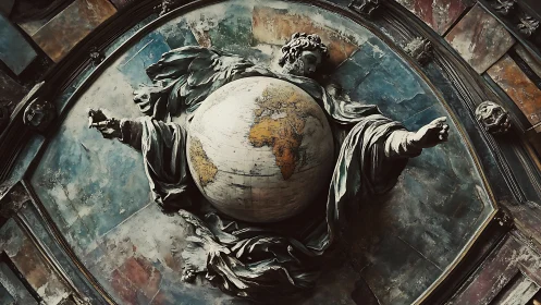 Ancient guardian embracing a weathered globe in stone calm.