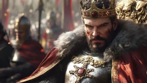 Battle-hardened medieval king stares forward in ornate armor
