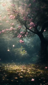 Backlit blossom tree with volumetric light and drifting petals