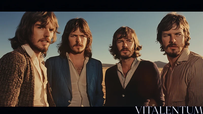 Four similar men stand outdoors under clear sky at sunset