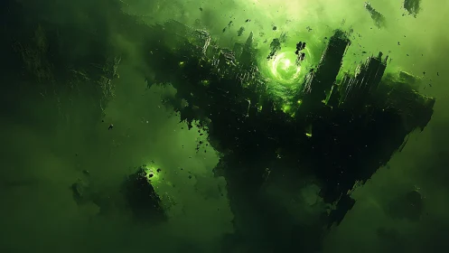 Gravitationally disrupted void citadel with luminous vortex core.