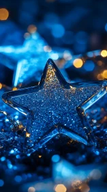 Glittering glass star ornament in deep blue bokeh light.