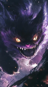 Ferocious purple spectral cat lunging through darkness.
