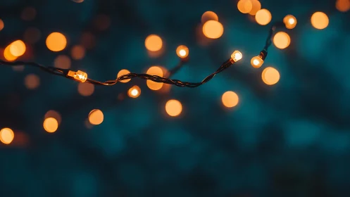 Soft golden string lights drifting in a deep teal dusk.
