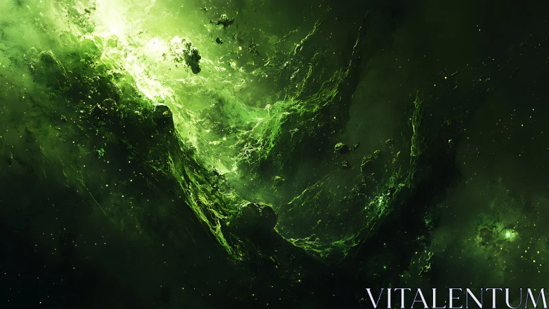 Green cosmic nebula swirling in deep outer space.