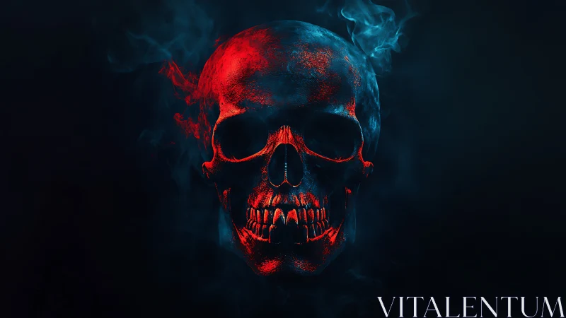 Luminous red skull in dark smoke with moody contrast.
