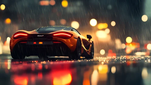 Rain‑lit supercar glows warmly on a moody city street