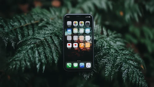 iPhone Home Screen Against Evergreen Foliage.