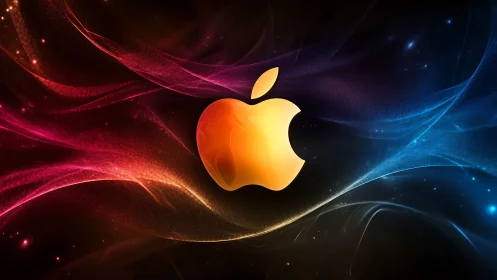 Golden apple-shaped logo centered on multicolor light waves