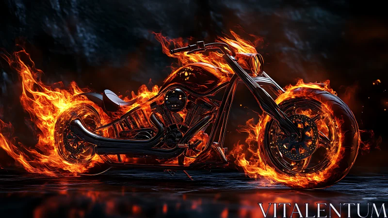 Combustion-etched chopper motorcycle enveloped in dynamic firefields.