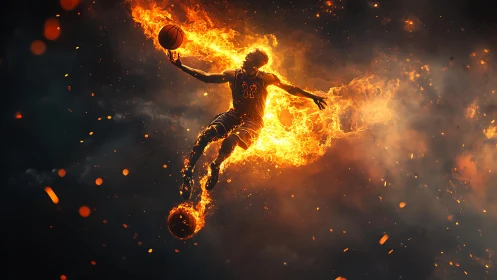 Flaming basketball dunker soaring through blazing night sky.